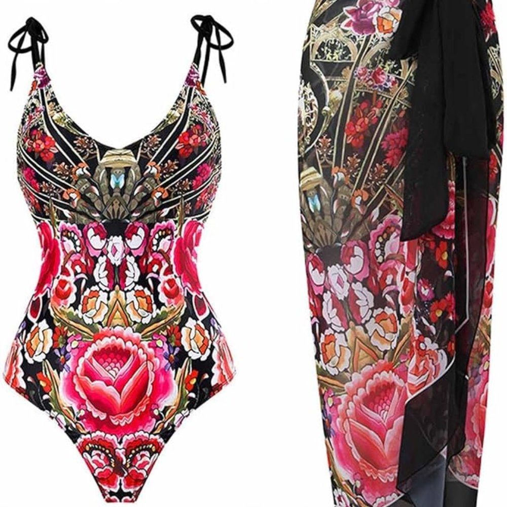 Gorgeous Women's One Piece Swimsuit with Beach Cover up Wrap Skirt Sarong